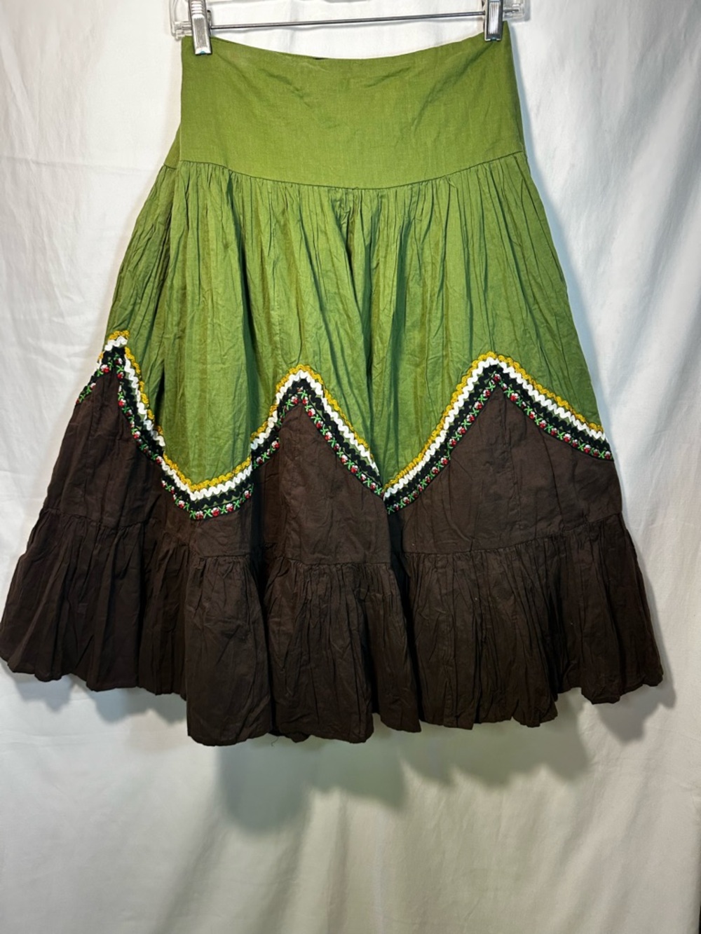 Green and Brown Tiered Midi Boho Skirt with Embroidered Trim